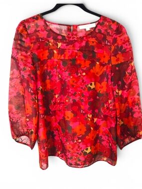 NWOT LOFT Red & Pink Floral Sheer Blouse